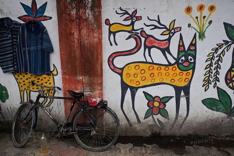Mural painting inspired by Sohraï art at Hazaribagh (Jharkhand, India) . The Sohraï art is an art form practised by rural women living in the Hazaribagh district