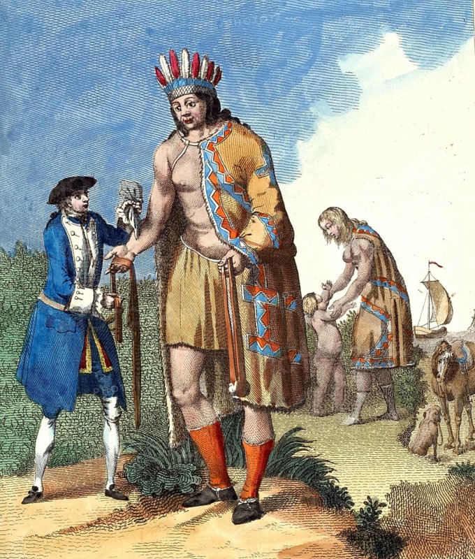Historical clothing, fashion over time, clothing of the natives of Patagonia, Tierra del Fuego, in 1764, digitally restored reproduction of a model from the 18th/19th century, exact date unknown, natives in traditional clothing, western man, natural scenery