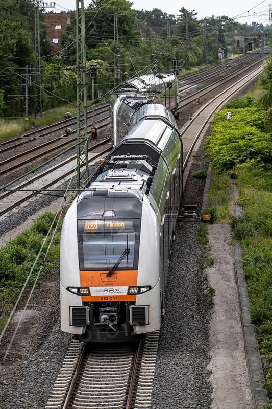 RE6, Regionalexpress, Rhein-Ruhr-Express, RRX on the railway line near Duisburg Rahm, on the way to Minden, North Rhine-Westphalia, Germany