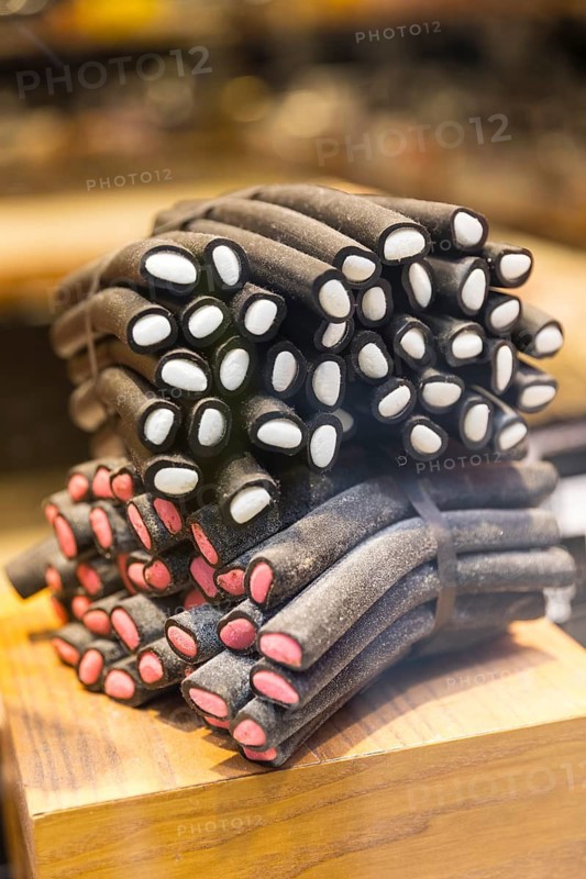 Liquorice in a shop window at Västerlånggatan, Old Town Gamla Stan, Stockholm, Sweden