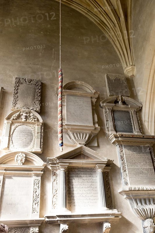 Wall mounted historic grave memorials Interior of church of Saint Bartholomew, Corsham, Wiltshire, England, UK