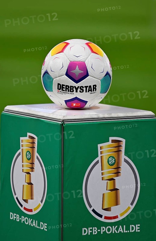 Adidas Derbystar match ball on podium, logo, DFB Cup, MHPArena, MHP Arena Stuttgart, Baden-Württemberg, Germany