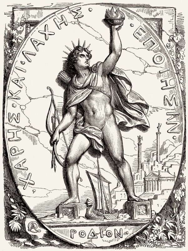 Der Koloss von Rhodos, eine 280 v. Chr. errichtete Statue des griechischen Titanen und Sonnengottes Helios