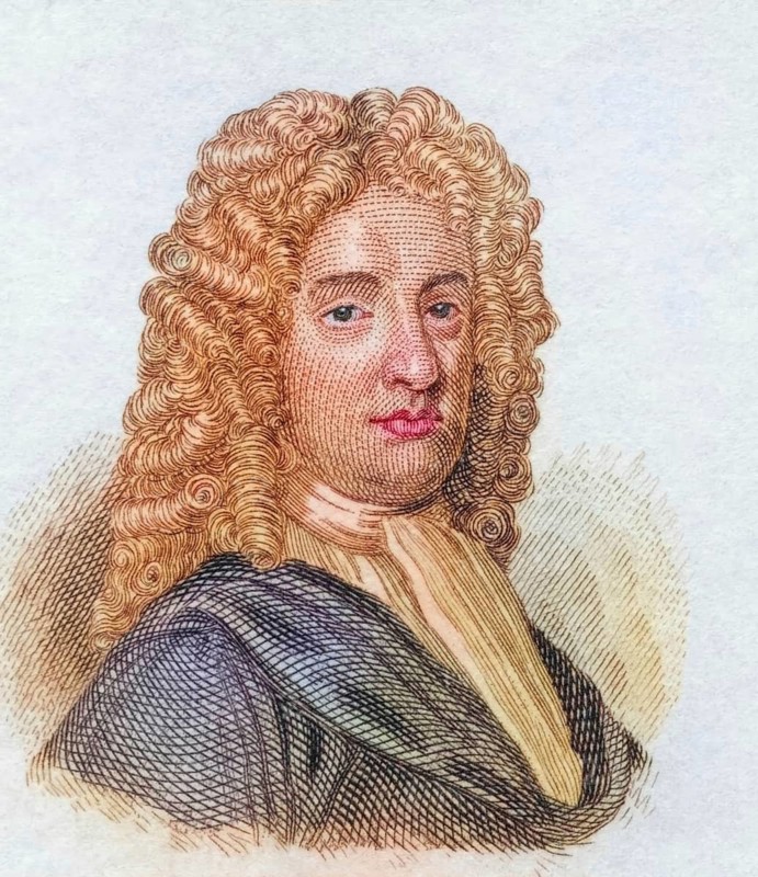Nicholas Rowe, (born probably on 20 June 1674 in Little Barford in Bedfordshire, died 6 December 1718 in London) was an important English poet and playwright in his time, coloured woodcut from Crabbe's Historical Dictionary from 1825, Historical, digital reproduction