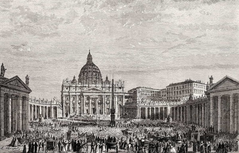The Papal Basilica of St. Peter in the Vatican and St. Peter's Square in Vatican City, Rome, Italy, 19th Century