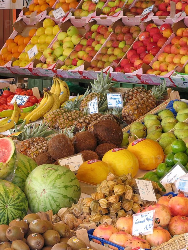 Market stall with different types of fruit and vegetables