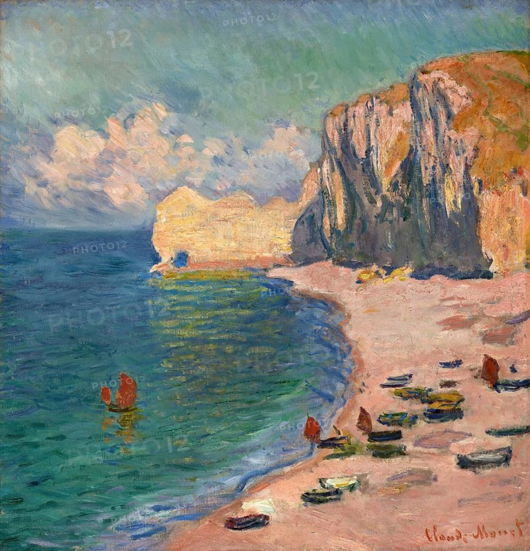 Claude Monet (b. 14 November 1840 in Paris as Oscar-Claude Monet, d. 5 December 1926) important French painter, Impressionist style. Here his work, Étretat, The Beach and the Falaise d'Amont (1885), The Beach and the Falaise d'Amont. Etretat (1885), Beach landscape with turquoise-coloured sea and steep cliffs under a cloudy sky