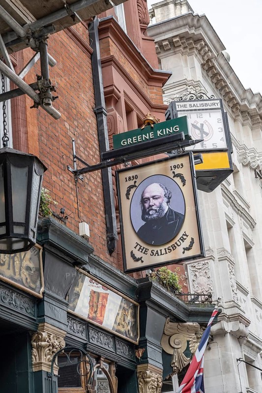London, United Kingdom. April 9th 2026. Sign for The Salisbury a Grade II listed public house, St Martin's Lane, Covent Garden, London, noted for its particularly fine late Victorian andArt Nouveau interior. UK
