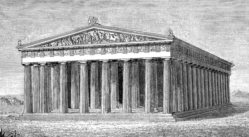 Reconstruction of the Parthenon-Temple, dedicated to the Greek goddess Pallas Athena Parthenos on the Acropolis in Athens, Greece, 5th Century BC