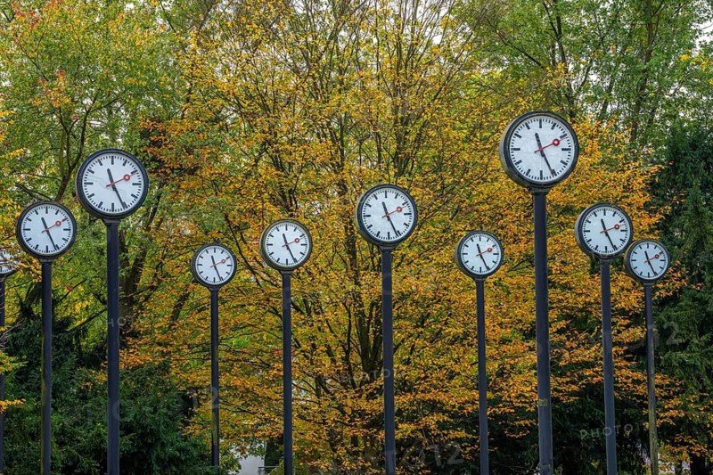 The art installation Zeitfeld in Volksgarten Park in Düsseldorf-Oberbilk, a total of 24 station clocks, on 6 meter high steel columns, have been running synchronously since 1987, artwork by Düsseldorf artist Klaus Rinke, symbol of time, time change, North Rhine-Westphalia, Germany