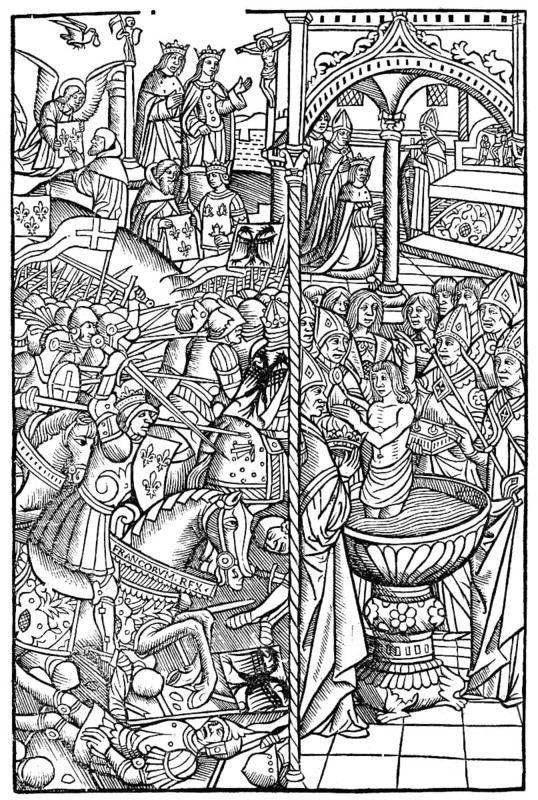 Clovis, Chlodovechus, Chlodwig I., Chlodowech, 466-511, King of the Franks of the Merovingian dynasty, at the Battle of Tolbiac, and his Baptism by Saint Remigius, cathedral of Reims, 496
