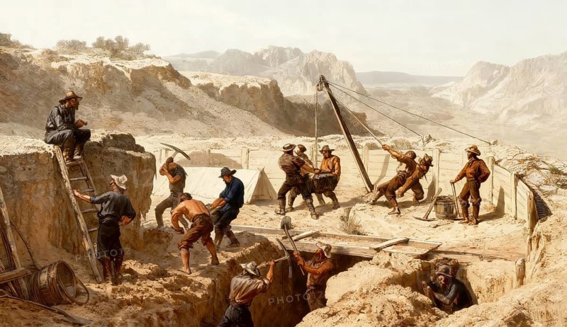 Historical Gold mining, gold diggers in the 19th century
