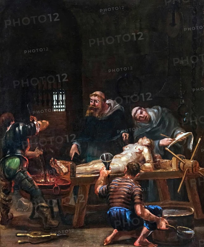 The torture of the Marquise de Brinvilliers, Marie-Madeleine Marguerite d'Aubray, Marquise de Brinvilliers (2 July 1630 to 17 July 1676) was one of the most famous poisoners in criminal history. She was convicted of poisoning her father and two brothers. Painting by Jean-Baptiste Cariven (1843 to 1904, French painter, reproduction of a 19th century painting, digitally restored, historical