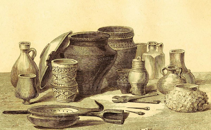 Vases and various utensils from the Roman period, found objects, jug, vessels, bowl, pliers, spoon, decorations, patterns, crafts, archaeology, history, England, Great Britain, steel engraving, historical illustration 1842
