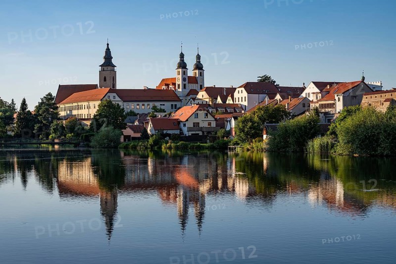 A wide panoramic view of the historic town of Telc with its colorful buildings and church towers reflected in the calm surface of a pond under a clear blue sky in the Czech Republic