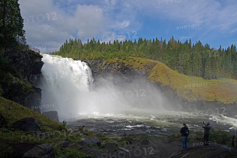 Waterfall with sparkling fog in a wooded landscape, visitors in the foreground, Tännforsen, Jämtland, Sweden