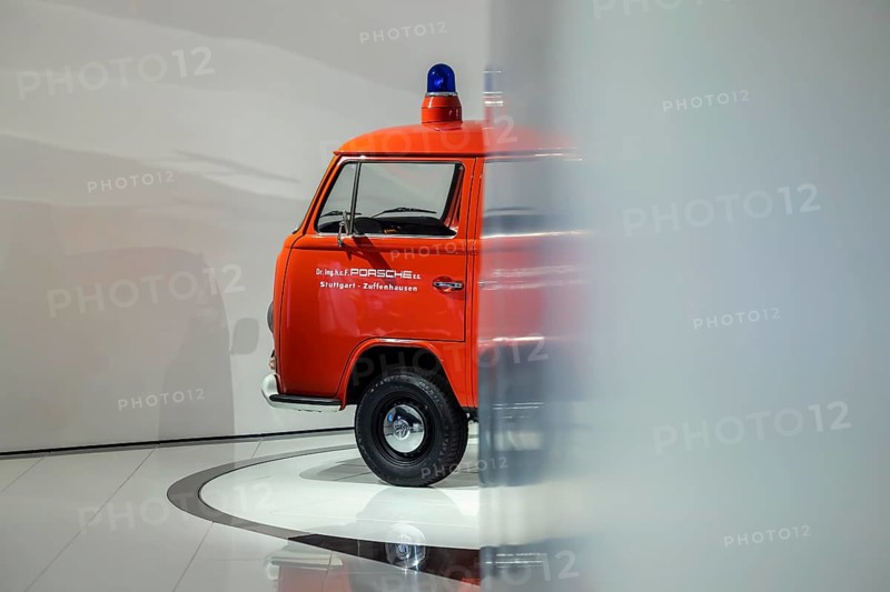 Porsche Museum Stuttgart-Zuffenhausen. Volkswagen factory fire department, VW van built in 1972. The automotive museum of Dr. Ing. h.c. F. Porsche AG shows racing cars and iconic cars from automotive history. Stuttgart, Baden-Württemberg, Germany
