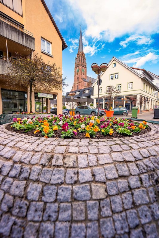 A round flower bed on cobblestones with church in the background, Nagold, Calw district, Germany