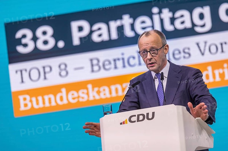 38th Federal Party Congress of the CDU of Germany in Stuttgart. Federal Chancellor Friedrich Merz during his speech to delegates. Stuttgart, Baden-Württemberg, Germany