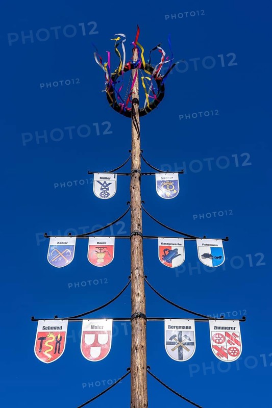 Guild tree, guild tree, guild sign, coat of arms of the various trades, in the Hochsauerlandkreis, Niedersorpe, district of Schmallenberg, North Rhine-Westphalia, Germany