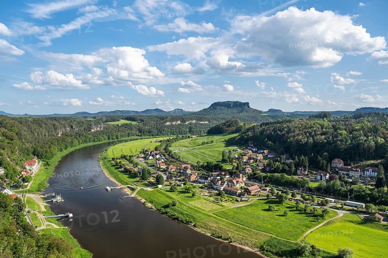View from the bastion over the Elbe Valley with the Lilienstein in the background, Saxon Switzerland, Saxony, Germany, May 2024