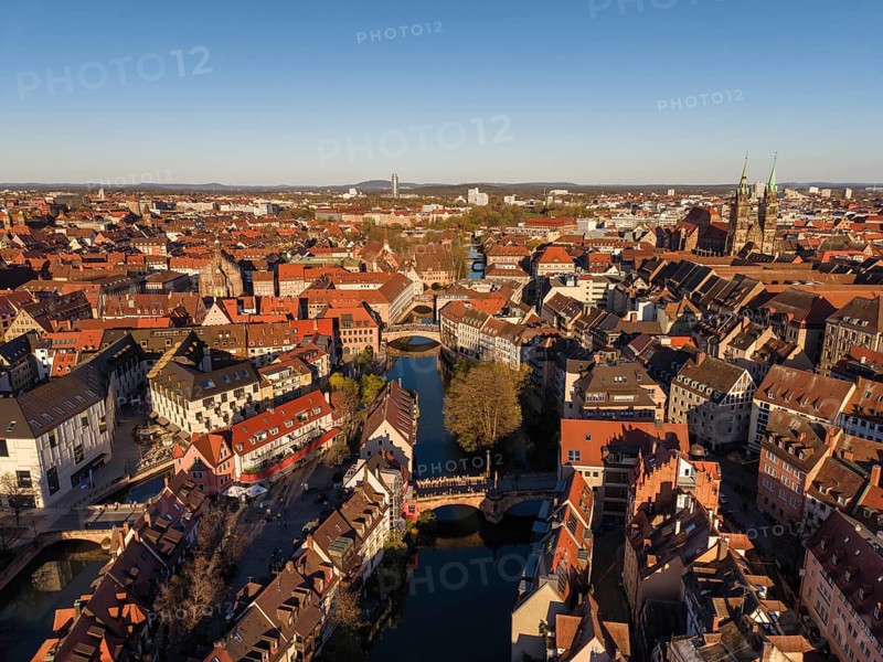 Aerial view of Nuremberg's old town with the Pegnitz river and the historic Maxbrücke, Nuremberg, Middle Franconia, Bavaria, Germany