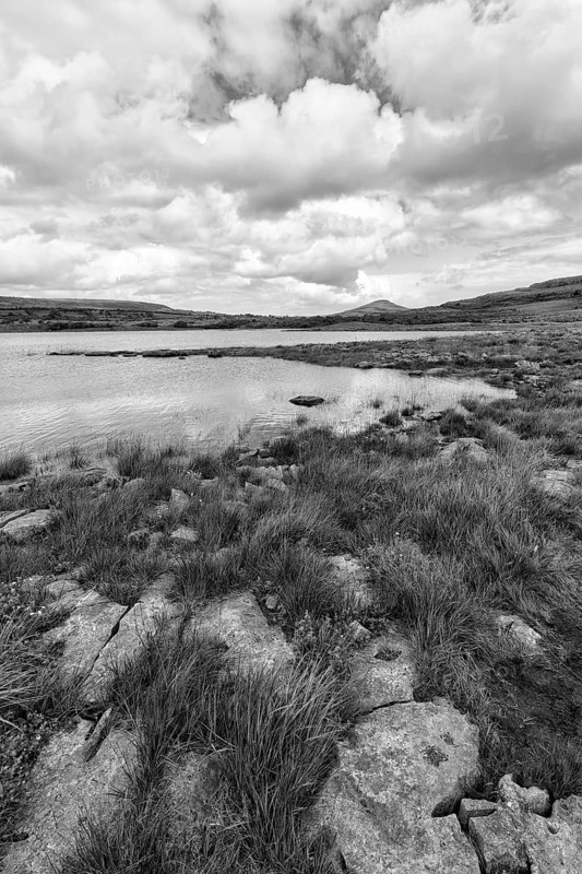 Karst landscape with lake, mountain on the horizon, monochrome, Burren National Park, County Clare, Ireland