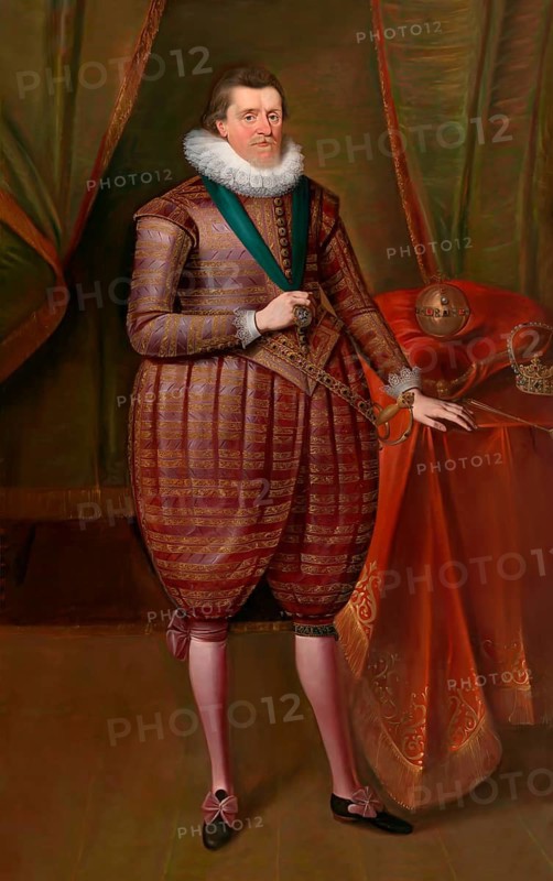 James VI and I, James Charles Stuart, 1566 – 1625, King of England, Scotland and Ireland, digitally edited after a painting by Paul van Somer