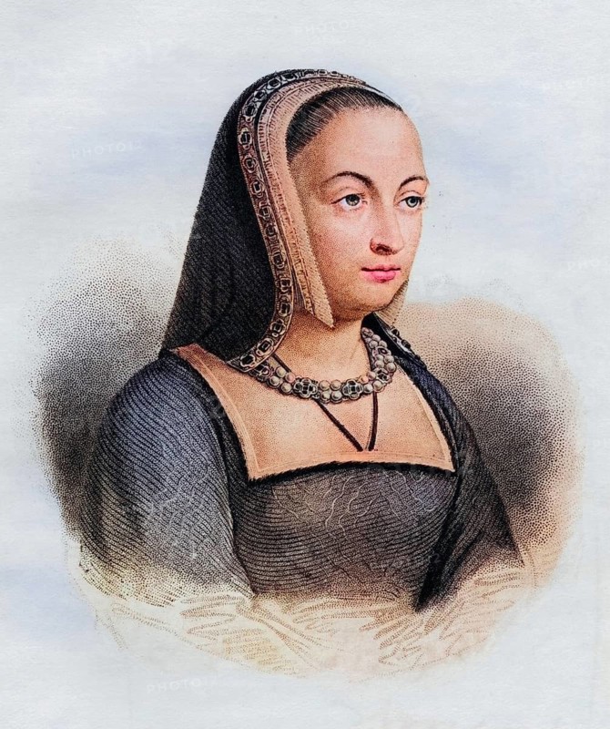 Anne of Brittany, 1477-1514, Queen of France as wife of Charles VIII, 1491-1498 and Louis XII, 1499-1514, photo etching after a copper engraving by Hopwood, Historical, digitally restored reproduction from a 19th century model, Record date not stated