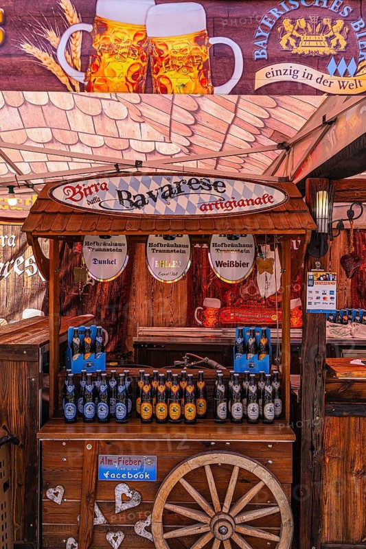 A beer stand with Bavarian beer at the Whitsun market in Portoferraio, Elba Island, Tuscan Archipelago National Park, Tuscany, Italy