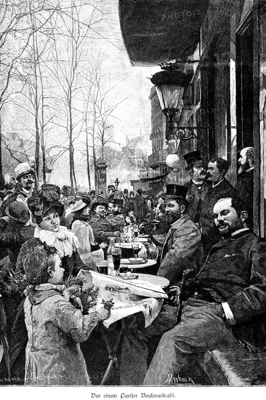 Parisian boulevard café, Paris, many people, leisure, pleasure, street, café, sitting, drinks, glasses, bottles, ladies, gentlemen, child, flowers, sale, fashion, lantern, houses, France, historical illustration around 1898