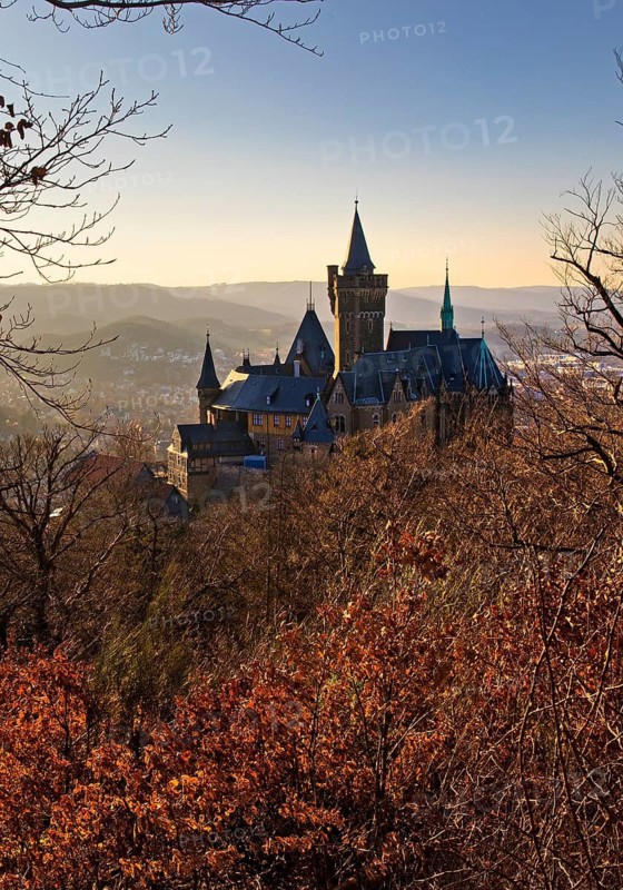 Atmospheric view of Wernigerode Castle in the evening, Harz Mountains, Saxony-Anhalt, Germany