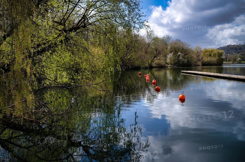 Jetty, buoys, shore of Max-Eyth-See, Hofen, Stuttgart, Baden-Württemberg, Germany
