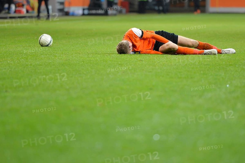 Soccer player have injury accident on football match in Lubin, Poland