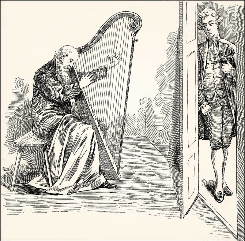 Blind Augustin playing harp, scene from the novel Wilhelm Meister's Apprenticeship, Wilhelm Meisters Lehrjahre, by Johann Wolfgang von Goethe