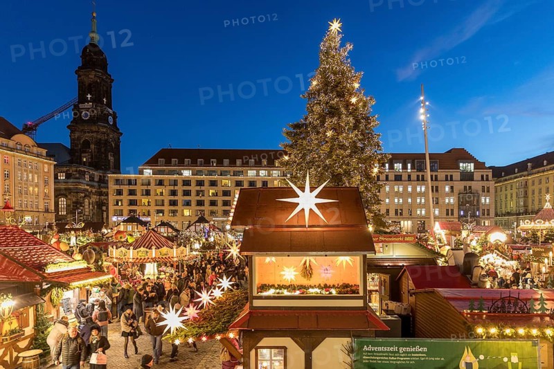 Christmas tree at the Striezelmarkt Christmas market on the Altmarkt in Dresden, in the background the Kreuzkirche, Saxony, Germany