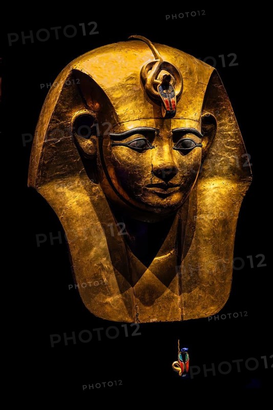 Gilded wooden mask from the coffin of Amenemope from the exhibition: Ramses the Great and the Gold of the Pharaohs, Cologne, North Rhine-Westphalia, Germany