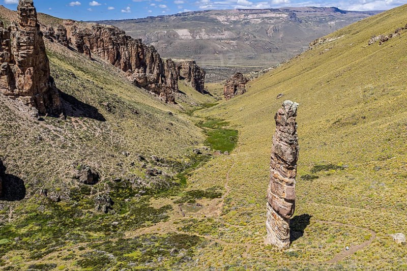 Rock formation Piedra Clavada, stand-alone rock tower, aerial view, Jeinimeni National Park, Patagonia, Chile