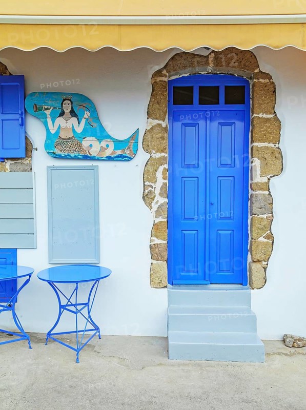 Greek taverna facade, Mandraki, Nisyros Island, Dodecanese Islands, Greece