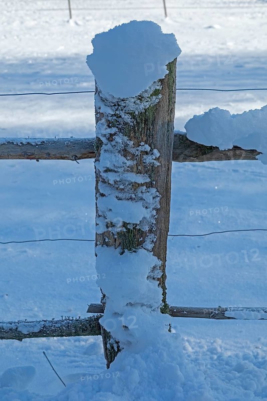 Snowy fence post, winter, snow, Sieversen, Samtgemeinde Rosengarten, Lower Saxony, Germany