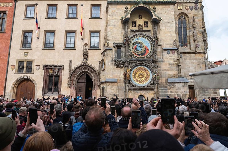 PRAGUE, CZECHIA - MARCH 25, 2023: astronomical clock on the wall of Old Town Hall.