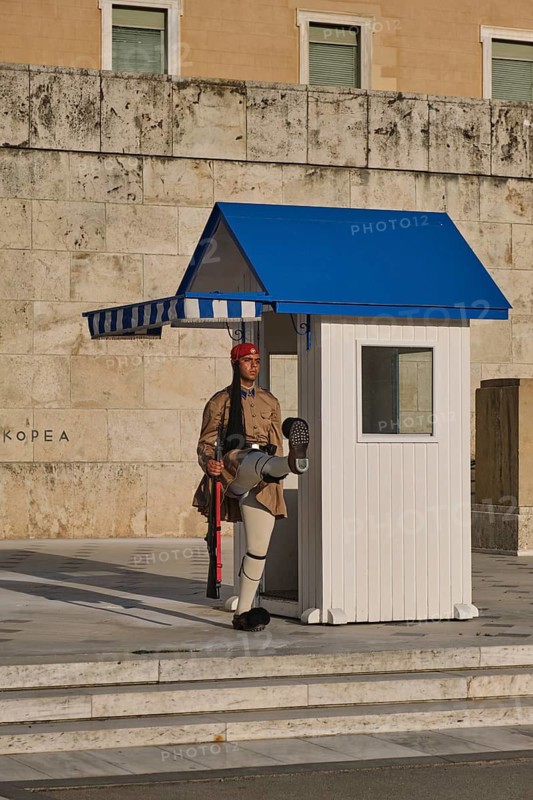 ATHENS, GREECE, MAY 20, 2010: Presidential ceremonial guard Evzone in front of the Monument of the Unknown Soldier near Greek Parliament, Syntagma square, Athenes, Greece