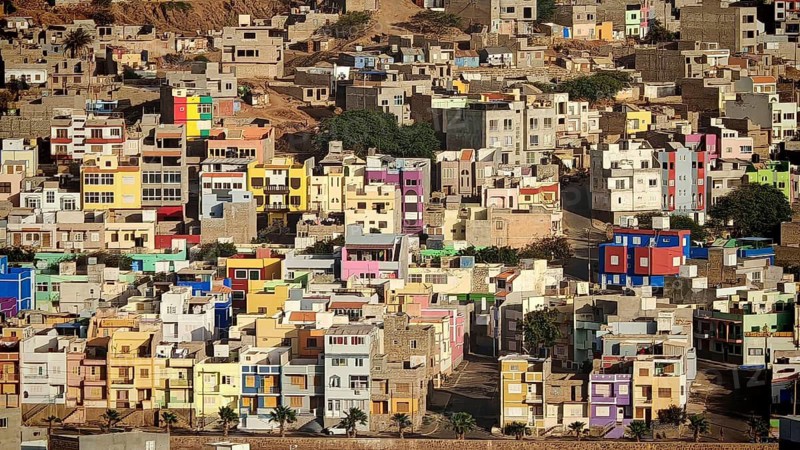 View of Mindelo from above, colorful narrow houses showing liveliness and diversity in a mountain setting, residential district, Mindelo, Sao Vicente, Cabo Verde, Cape Verde, Cape Verde