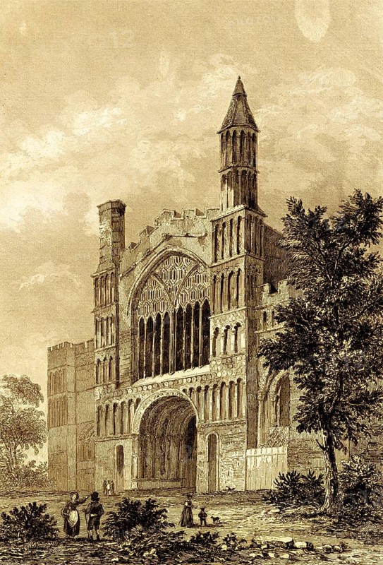 Rochester Cathedral, Cathedral Church, Episcopal Church, Façade, Entrance, Towers, Walkers, Anglo-Norman Architecture, Tree, Norman Period, Historic Landmark, England, Great Britain, Steel Engraving, Historical Illustration 1842