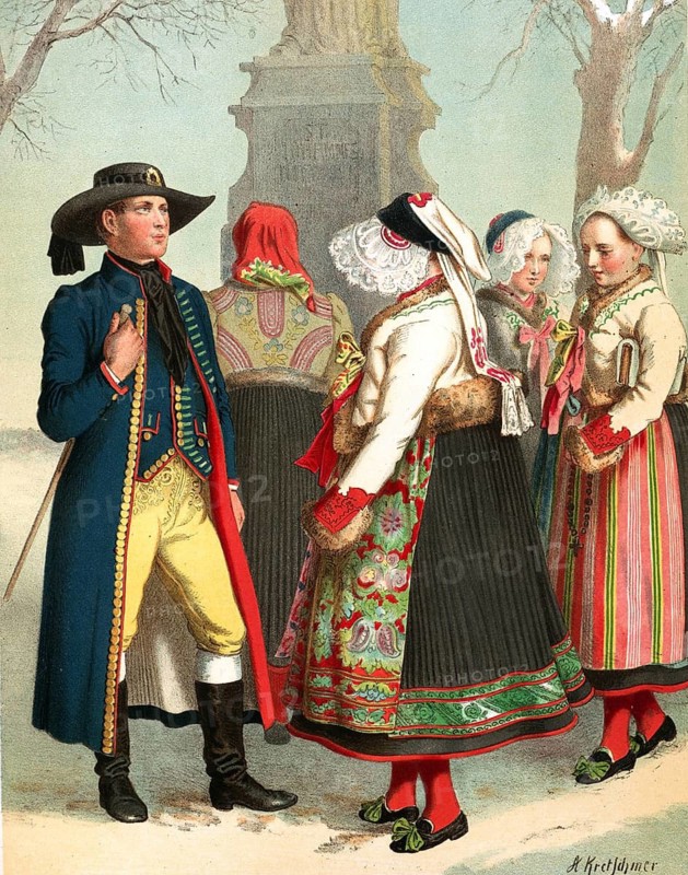 Traditional costumes in Germany around 1820, Bohemia, Pilsen district, people in traditional traditional costume during a winter conversation in front of a statue, digitally retouched reproduction of a model from around 1850, by Albert Kretschmer (27 February 1825, 11 July 1891), German painter and costume expert