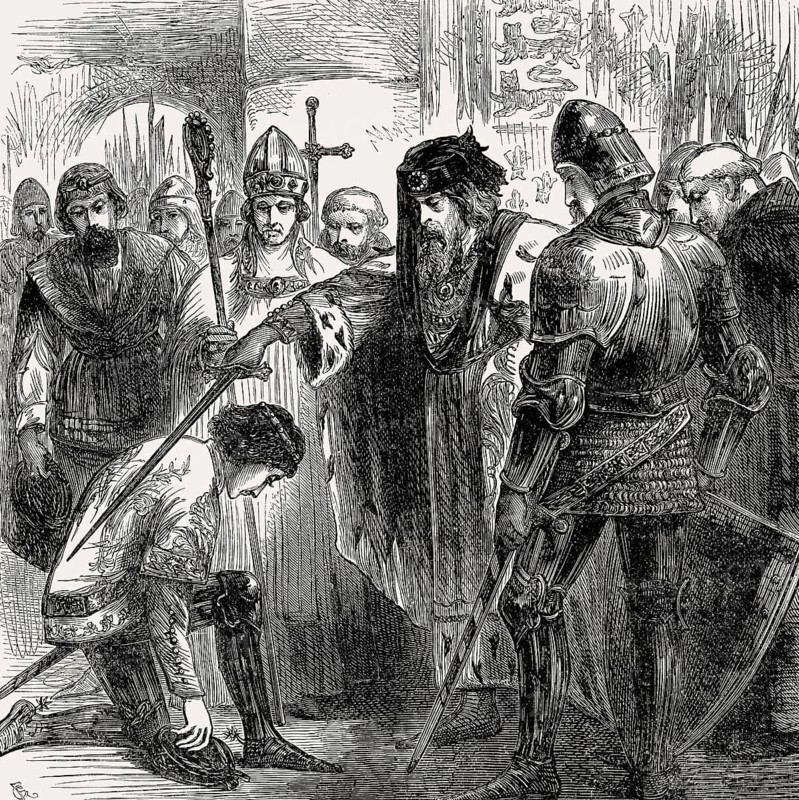 King Edward III knighting Edward of Woodstock, The Black Prince in 1346, From British Battles on Land and Sea, by James Grant