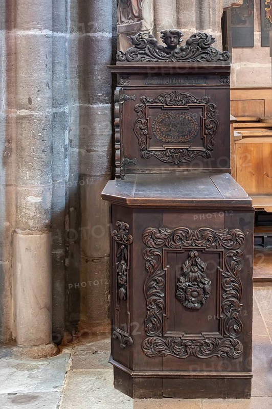 Craftsman's chair or alms chair from 1680, Lorenzkirche, Nuremberg, Middle Franconia, Bavaria, Germany