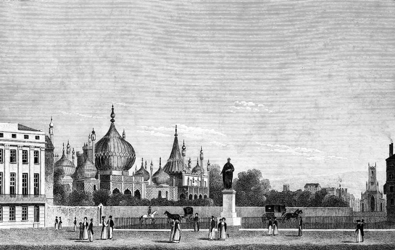 The Royal Pavilion, Royal Palace in Brighton, County East Sussex, England, builder George IV, early 19th century, former royal summer residence, architectural style, Indian Mughal Palace, wall, walkers, horse cabs, statue, trees, church, building, Indian architecture, history, steel engraving, historical illustration 1835