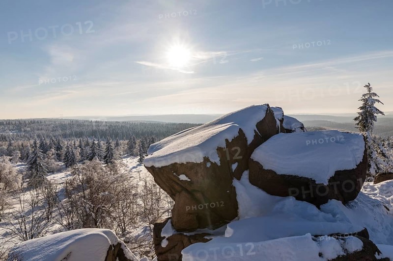 View from Großer Lugstein of the sunny winter landscape with snow-covered trees, bushes, trails and branches covered with hoarfrost on the Erzgebirgskamm, Zinnwald-Georgenfeld, Altenberg, Eastern Ore Mountains, Saxony, Germany