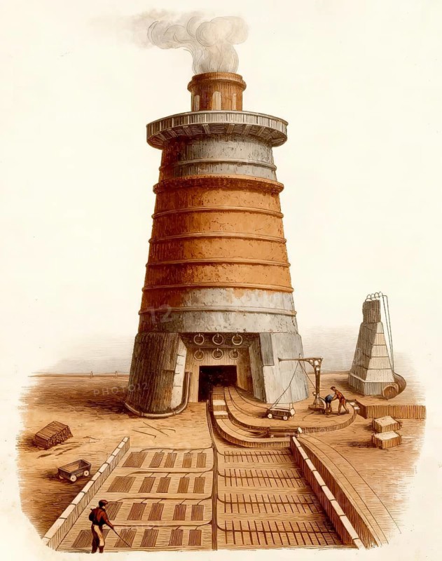 Historical illustration, 19th century, technical processing of steelmaking in a blast furnace, 1894